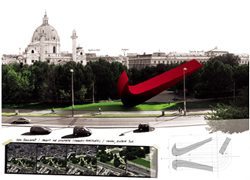 La maquette virtuelle de la monumentale virgule Nike qui doit orner la Nikeplatz, selon les artistes (DR) - 47.3 ko